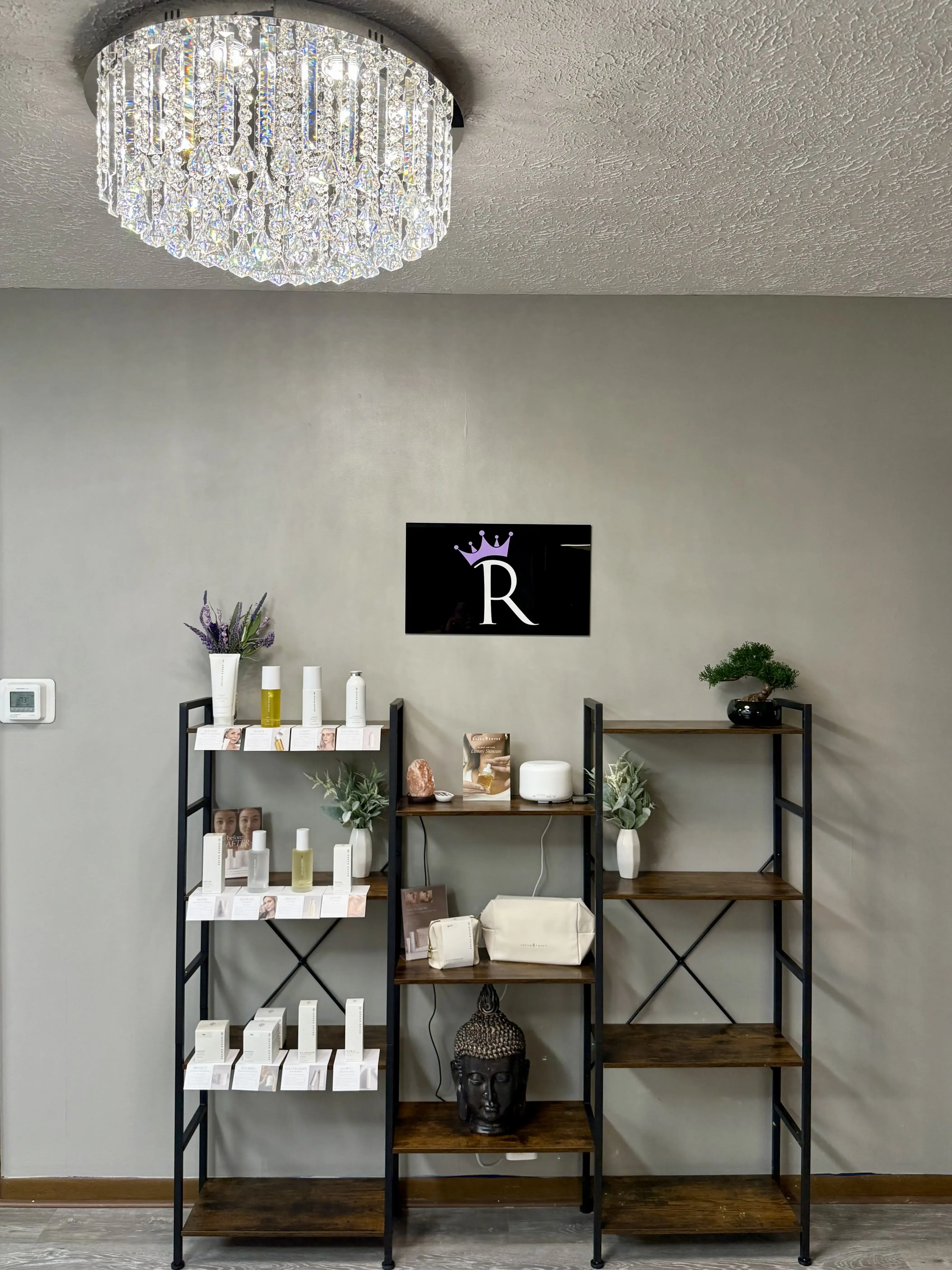 Professional spa product display at Royal Glow Beauty and Esthetics entrance in Boardman Ohio